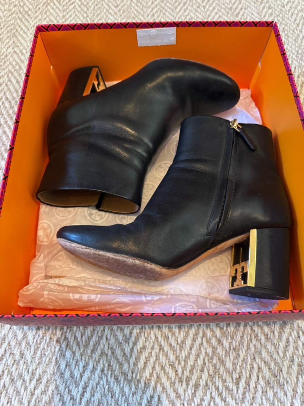 Tory Burch Black Leather Block Heel Ankle Boot Gigi | Size 10 - Picture 3 of 9